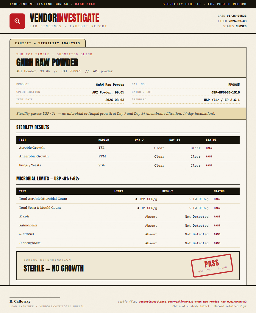 GnRH Raw Powder Sterility report by VendorInvestigate